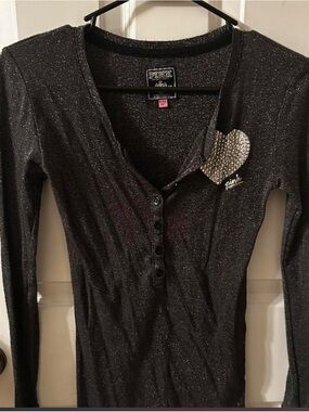 PINK Victoria's Secret Black Sparkle Long Sleeve Henley with Rhinestone Heart